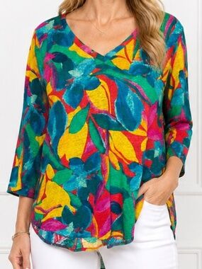 TAHARI 100% Linen Resortwear Coastal Grandma Multi Colored V-Neck Top, Size 1X